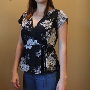 Lily White Black Floral Wrap Around Blouse